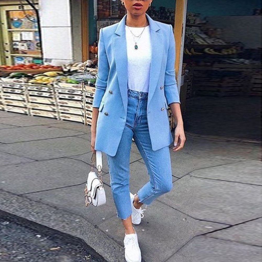 Stacey - Elegant lang blazer med dobbeltradet knaplukning