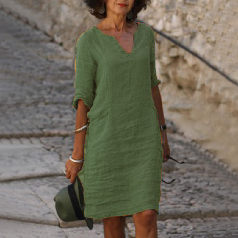 Aarnelle – Vestido Relaxado de Linho com Decote em V para Mulher