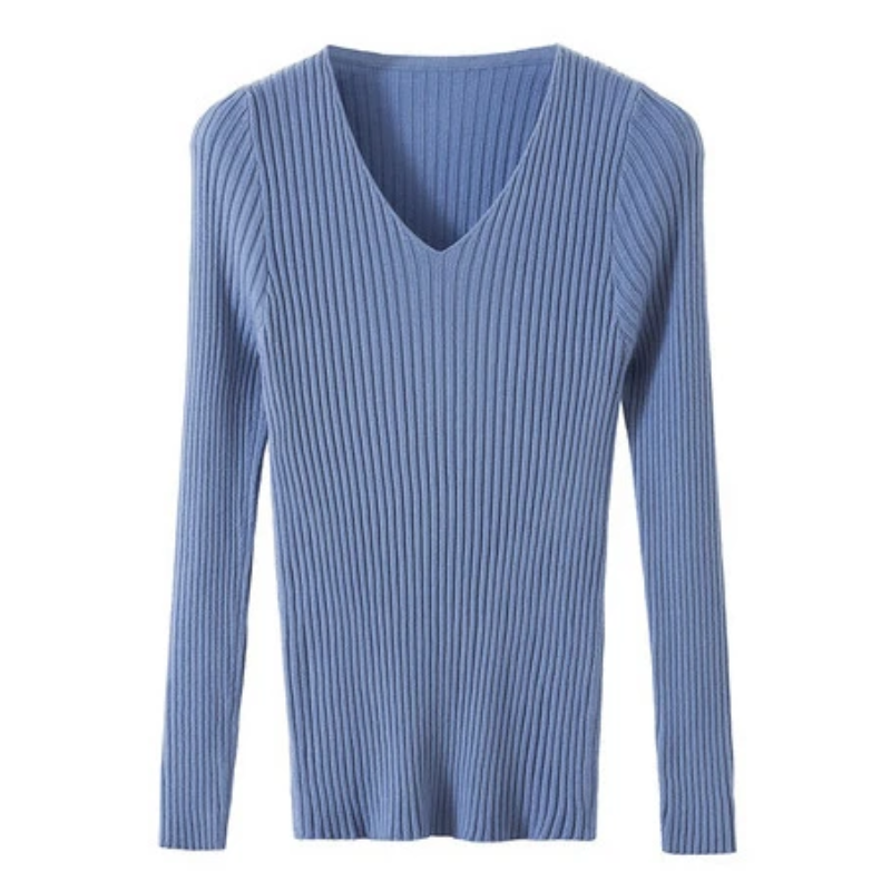 Ariel – Damski dopasowany sweter prążkowany z dekoltem w serek