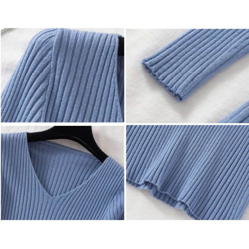 Ariel – Damski dopasowany sweter prążkowany z dekoltem w serek