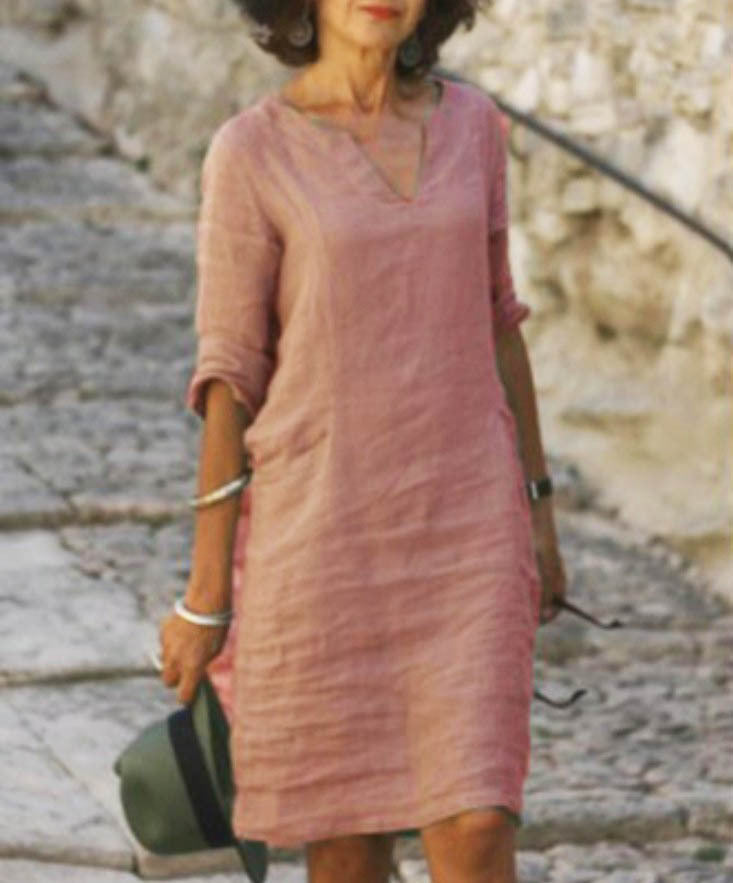 Aarnelle – Vestido Relaxado de Linho com Decote em V para Mulher