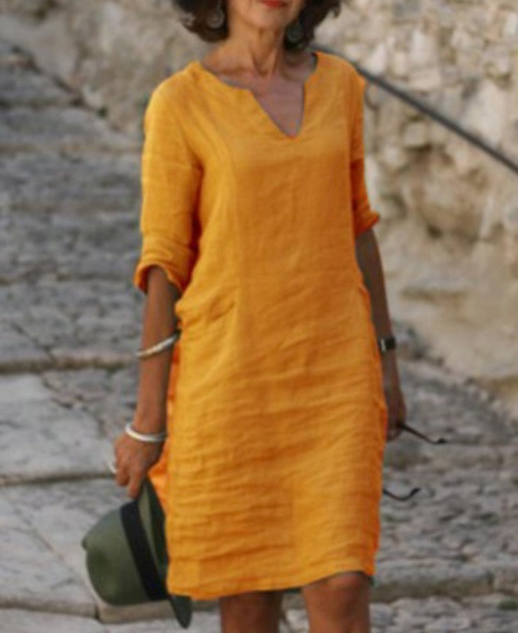 Aarnelle – Vestido Relaxado de Linho com Decote em V para Mulher