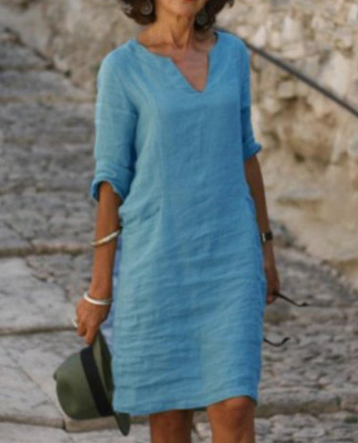 Aarnelle – Vestido Relaxado de Linho com Decote em V para Mulher