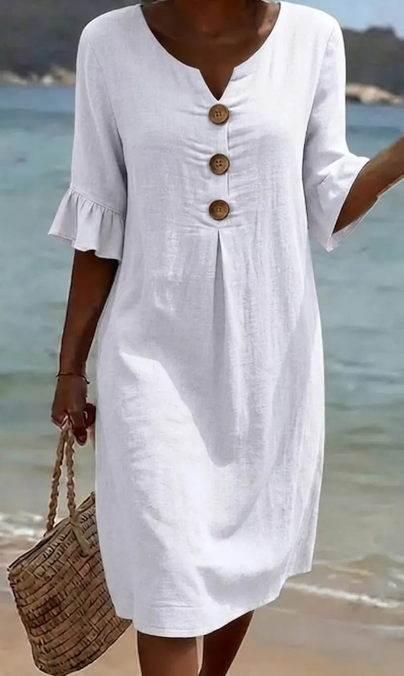 Elisane – Damen Baumwoll-Leinen Sommerkleid mit Knöpfen