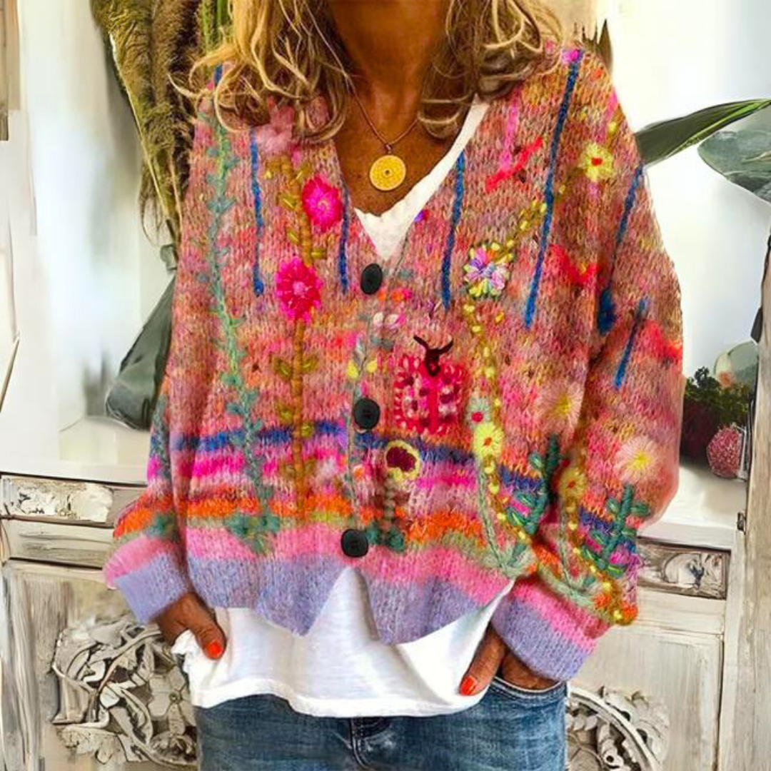 Alvaretta – Damski boho sweter z kwiatowym haftem
