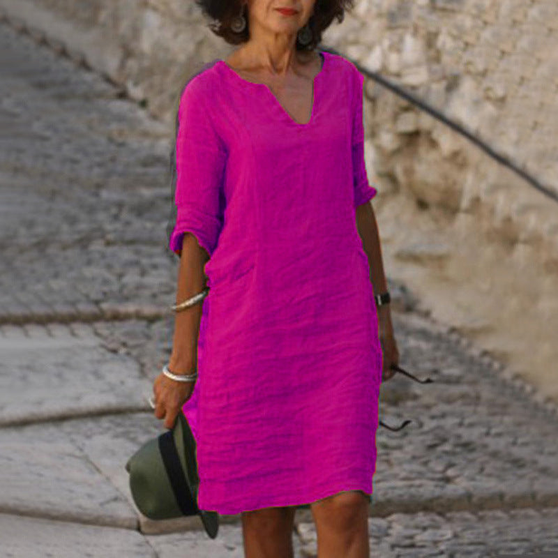 Aarnelle – Vestido Relaxado de Linho com Decote em V para Mulher