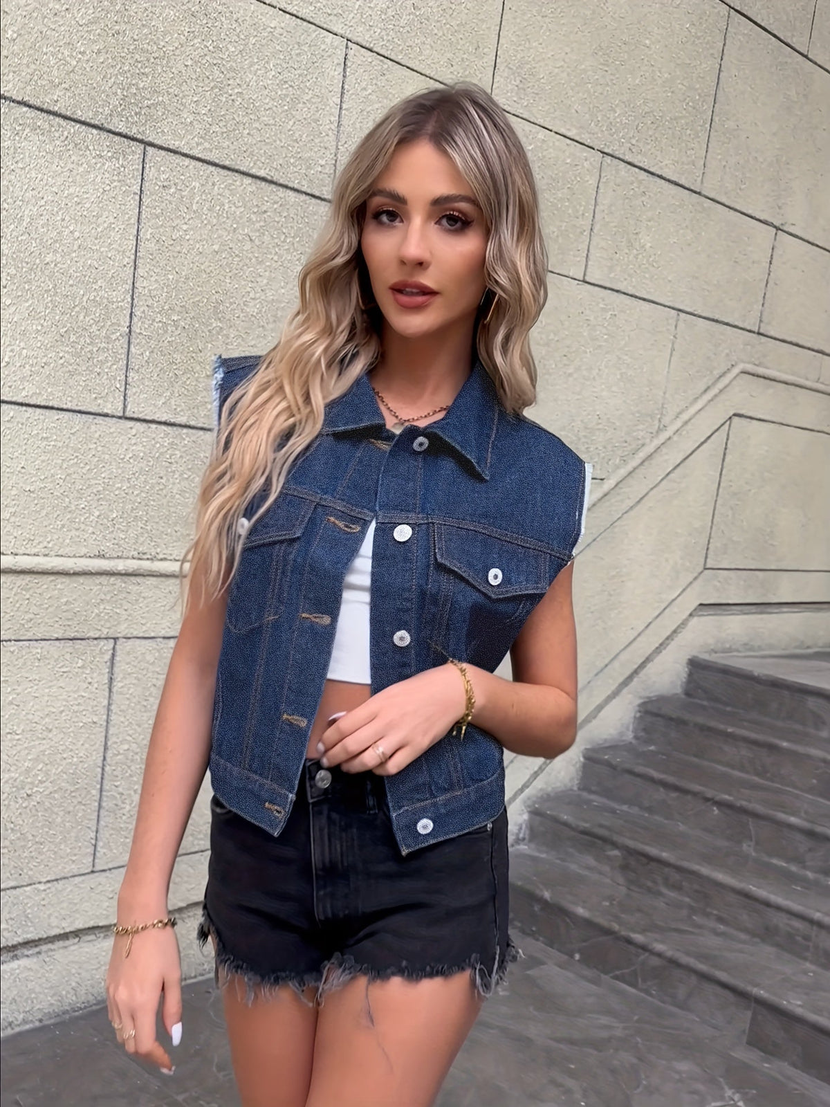Orlenna - Damen Ärmellose Jeansjacke mit Klappentaschen