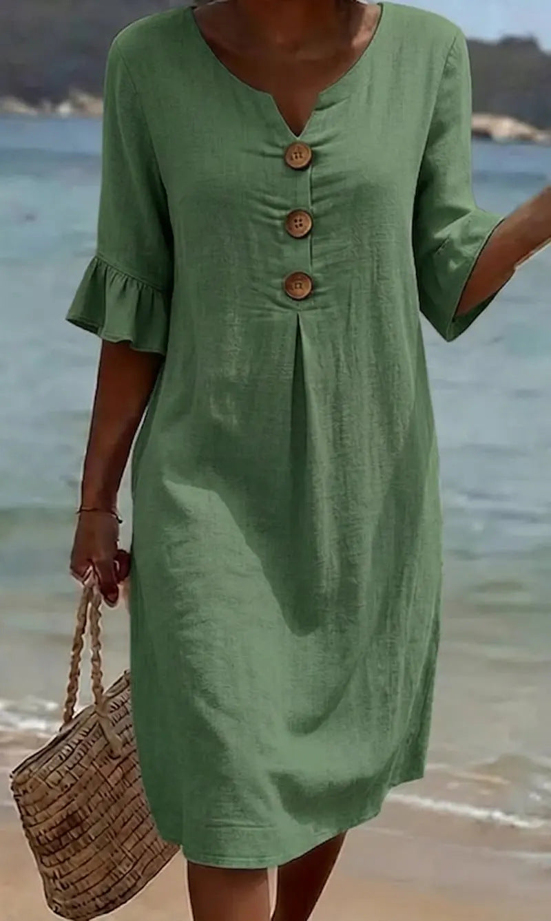 Elisane – Damen Baumwoll-Leinen Sommerkleid mit Knöpfen