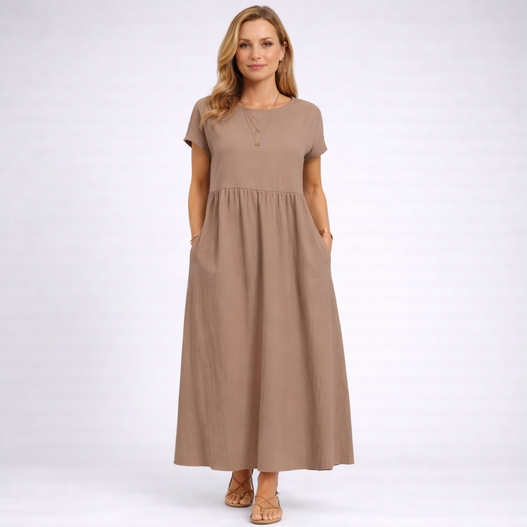 Elvina - Minimalist Cream Maxi Dress with Pockets