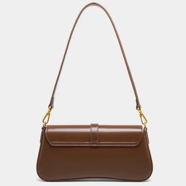Cendian - Leather Baguette Shoulder Bag Gold Turn Lock Clasp