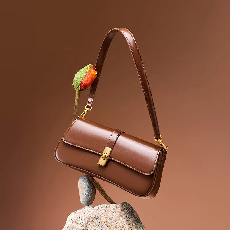 Cendian - Leather Baguette Shoulder Bag Gold Turn Lock Clasp