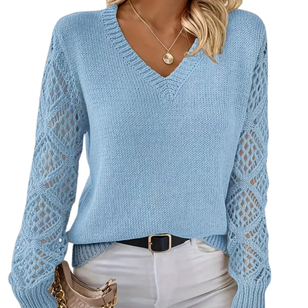 Oliva – Damen V-Ausschnitt Pullover mit Häkelärmeln