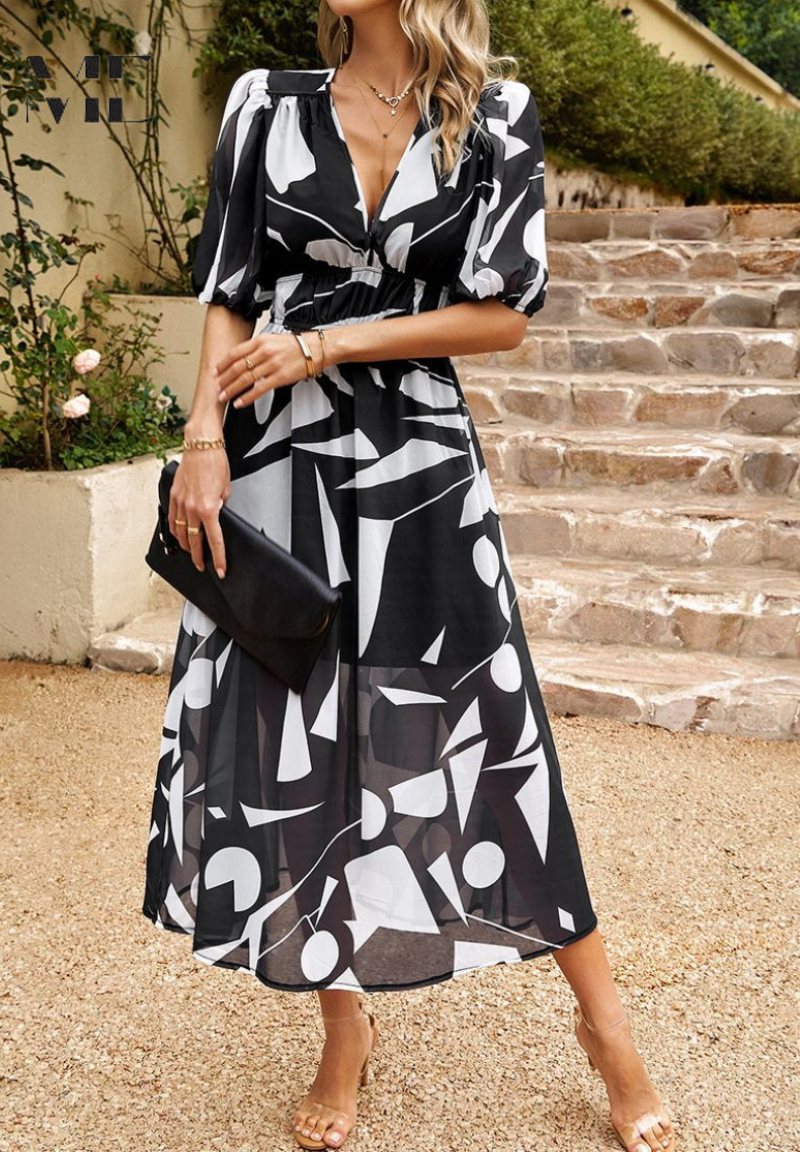 Ilyssia – Floral V Neck Midi Dress Women