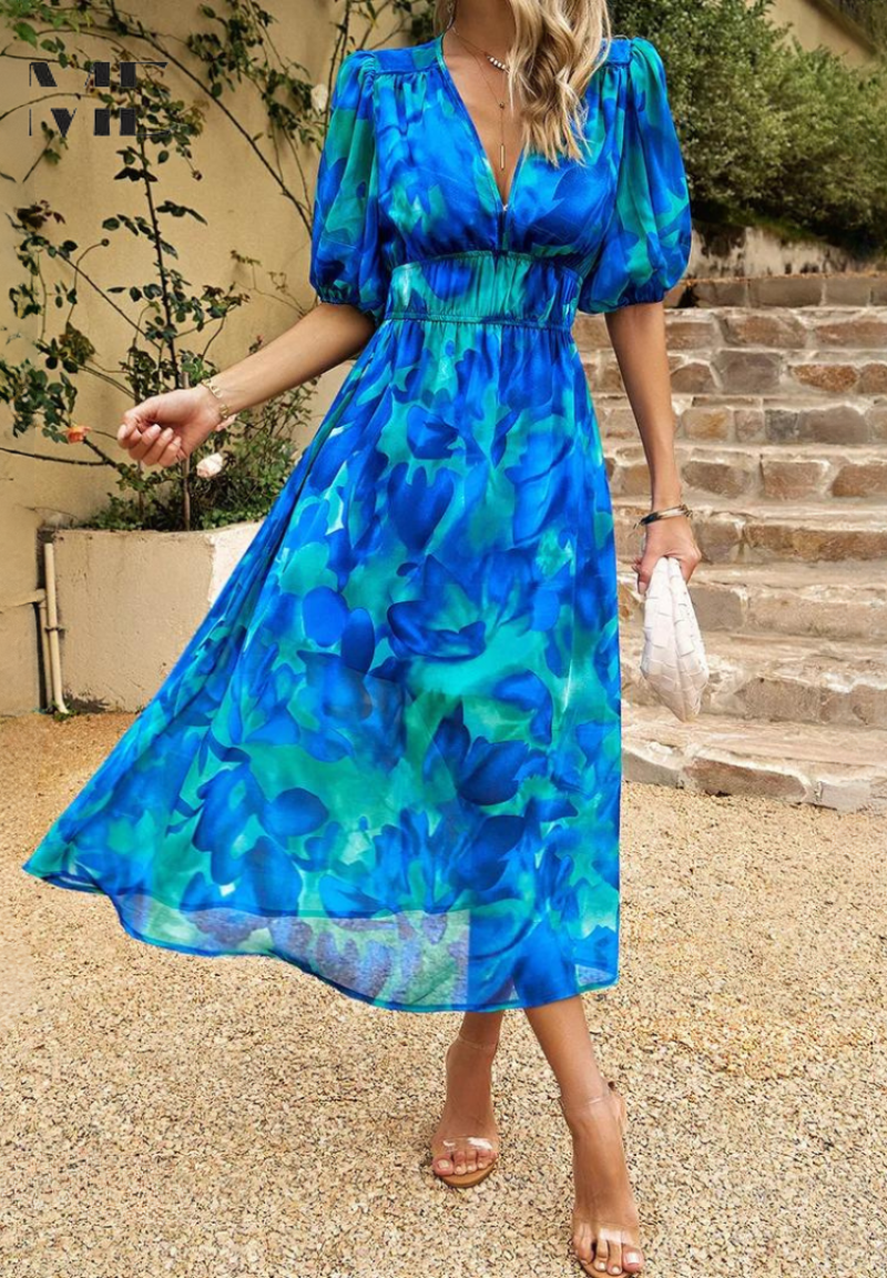 Ilyssia – Floral V Neck Midi Dress Women