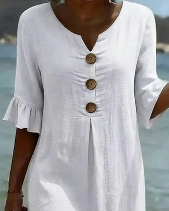 Elisane – Damen Baumwoll-Leinen Sommerkleid mit Knöpfen
