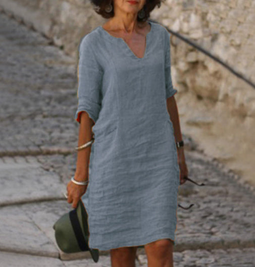 Aarnelle – Vestido Relaxado de Linho com Decote em V para Mulher