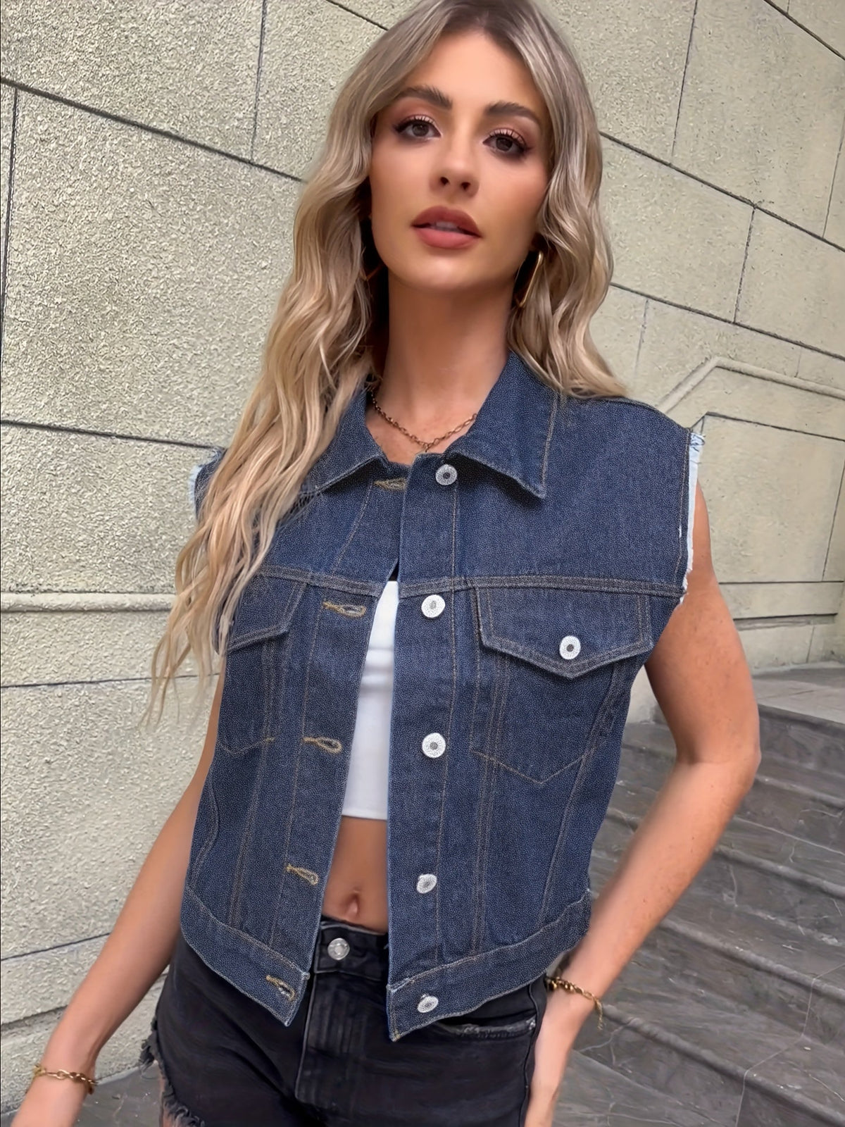 Orlenna - Damen Ärmellose Jeansjacke mit Klappentaschen