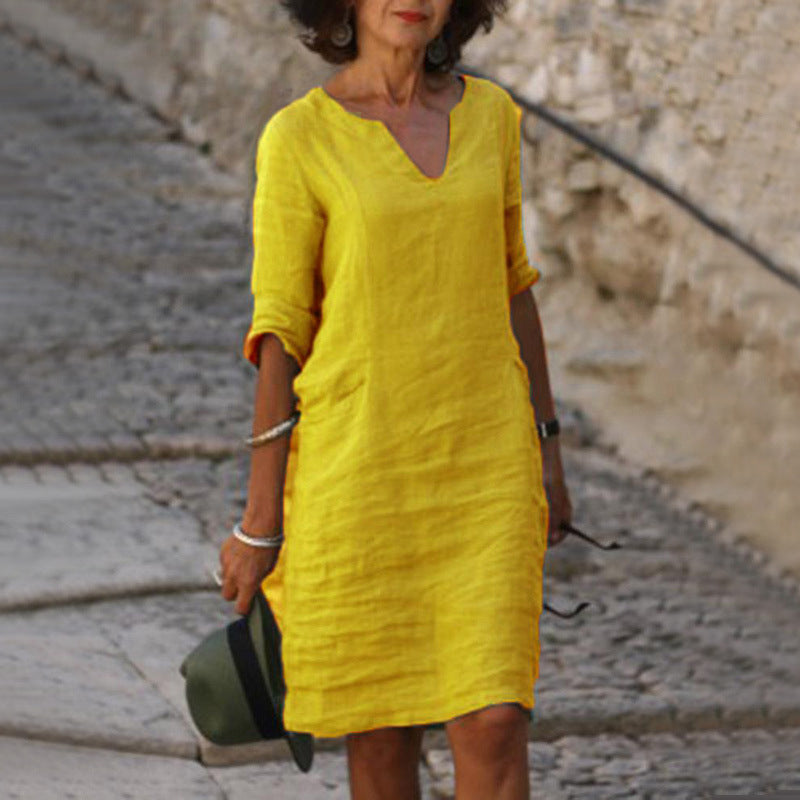 Aarnelle – Vestido Relaxado de Linho com Decote em V para Mulher