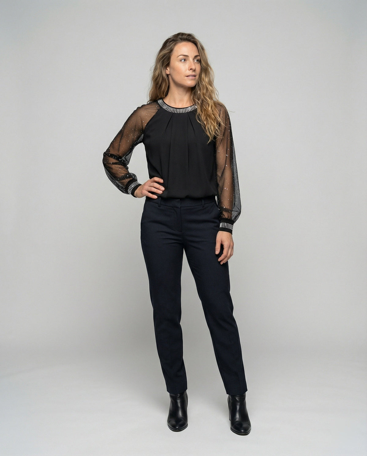 Elisandre - Sequin Mesh Top With Sheer Sleeves