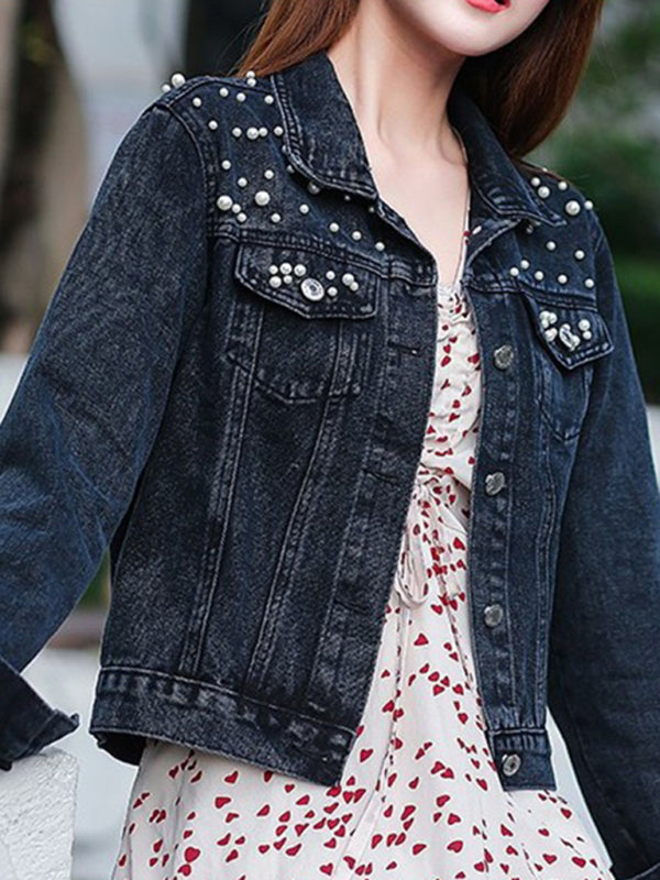 Avelisse - Chaqueta de mezclilla para mujer con perlas decorativas