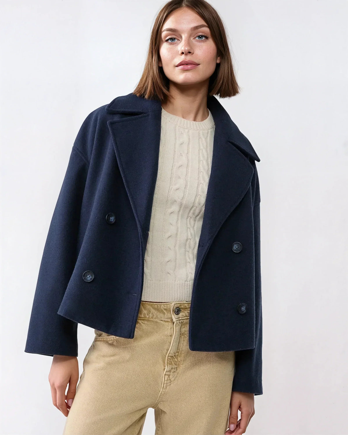 Thalena – Damen Kurzer Wollmischmantel mit elegantem Überkreuz-Design