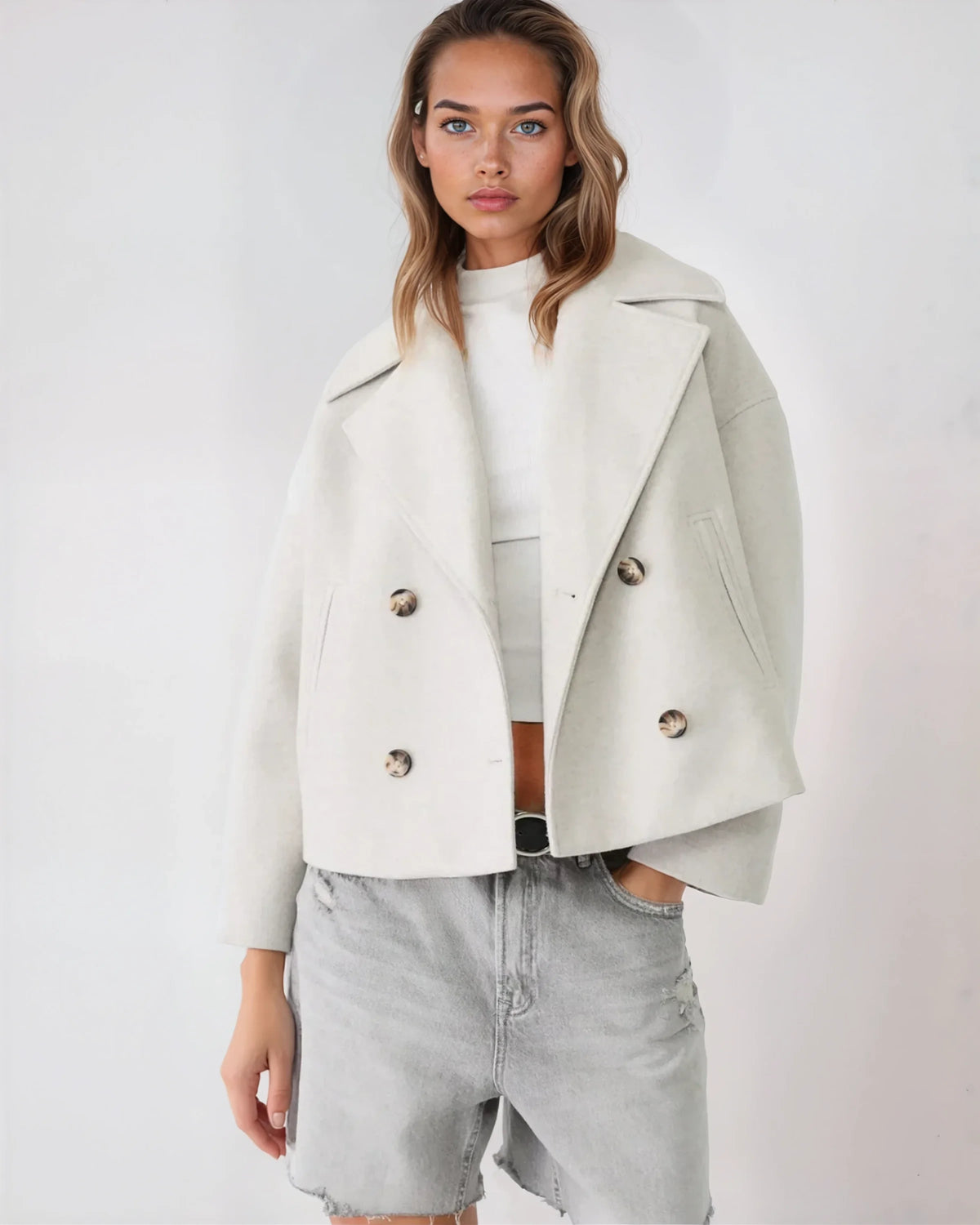 Thalena – Damen Kurzer Wollmischmantel mit elegantem Überkreuz-Design