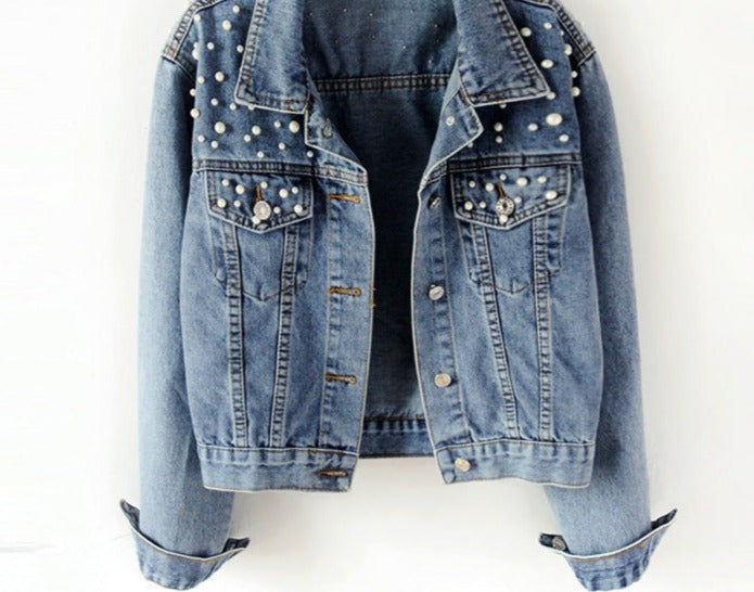 Avelisse - Chaqueta de mezclilla para mujer con perlas decorativas