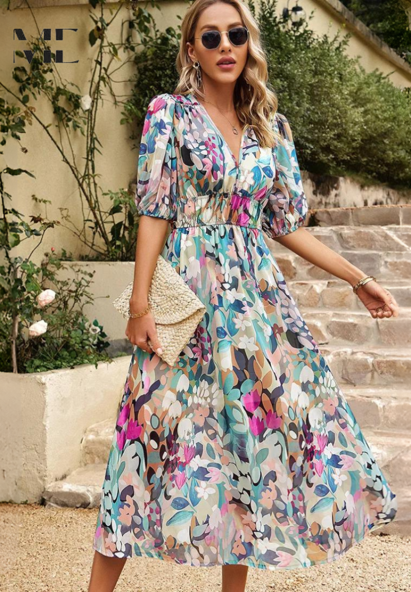 Bellara – Vestido Midi Floral com Decote em V para Convidada de Casamento