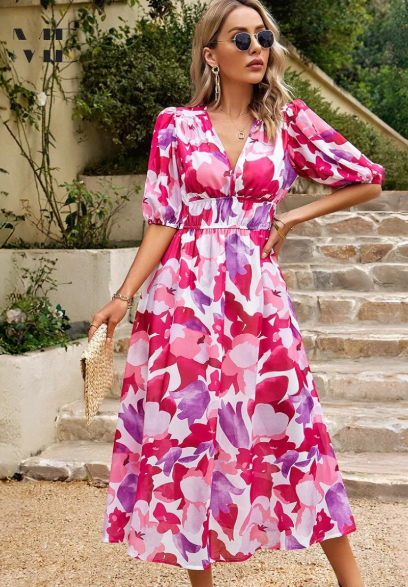 Bellara – Vestido Midi Floral com Decote em V para Convidada de Casamento