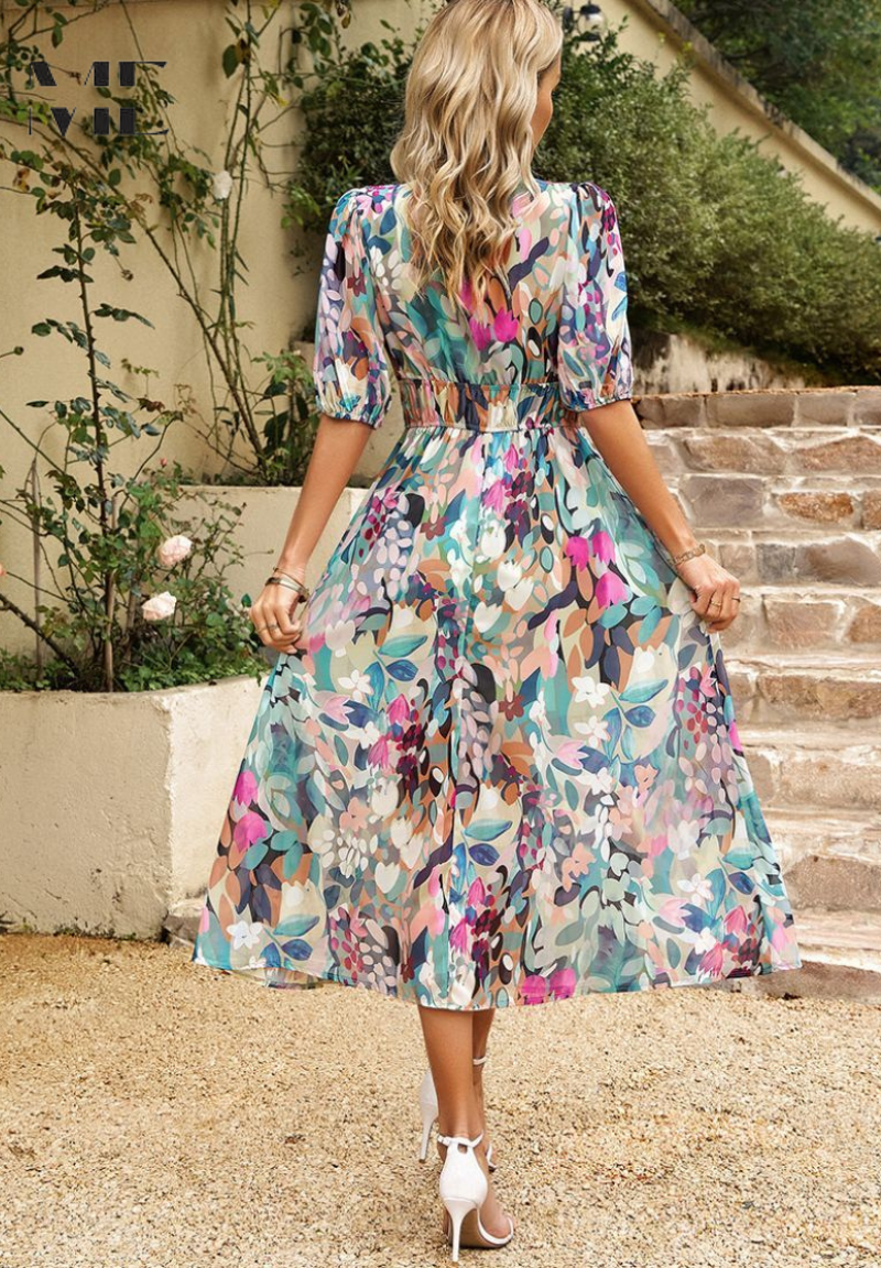 Bellara – Vestido Midi Floral com Decote em V para Convidada de Casamento