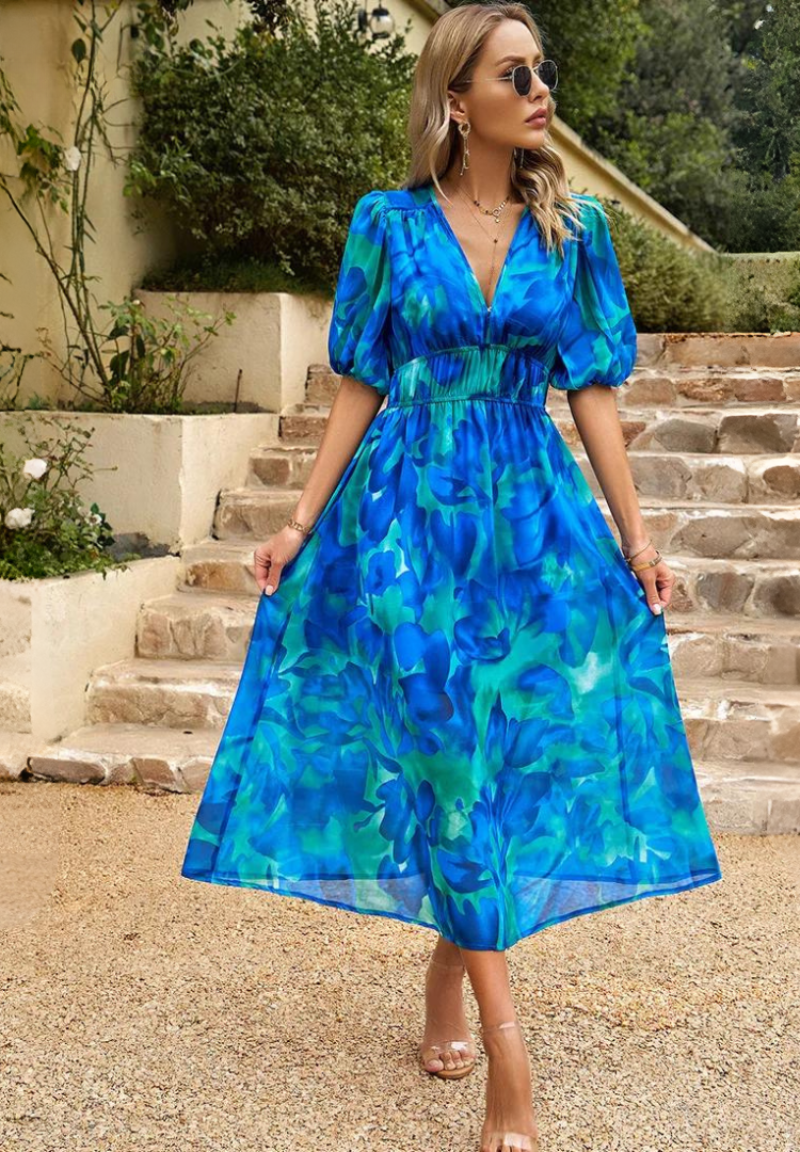 Bellara – Vestido Midi Floral com Decote em V para Convidada de Casamento