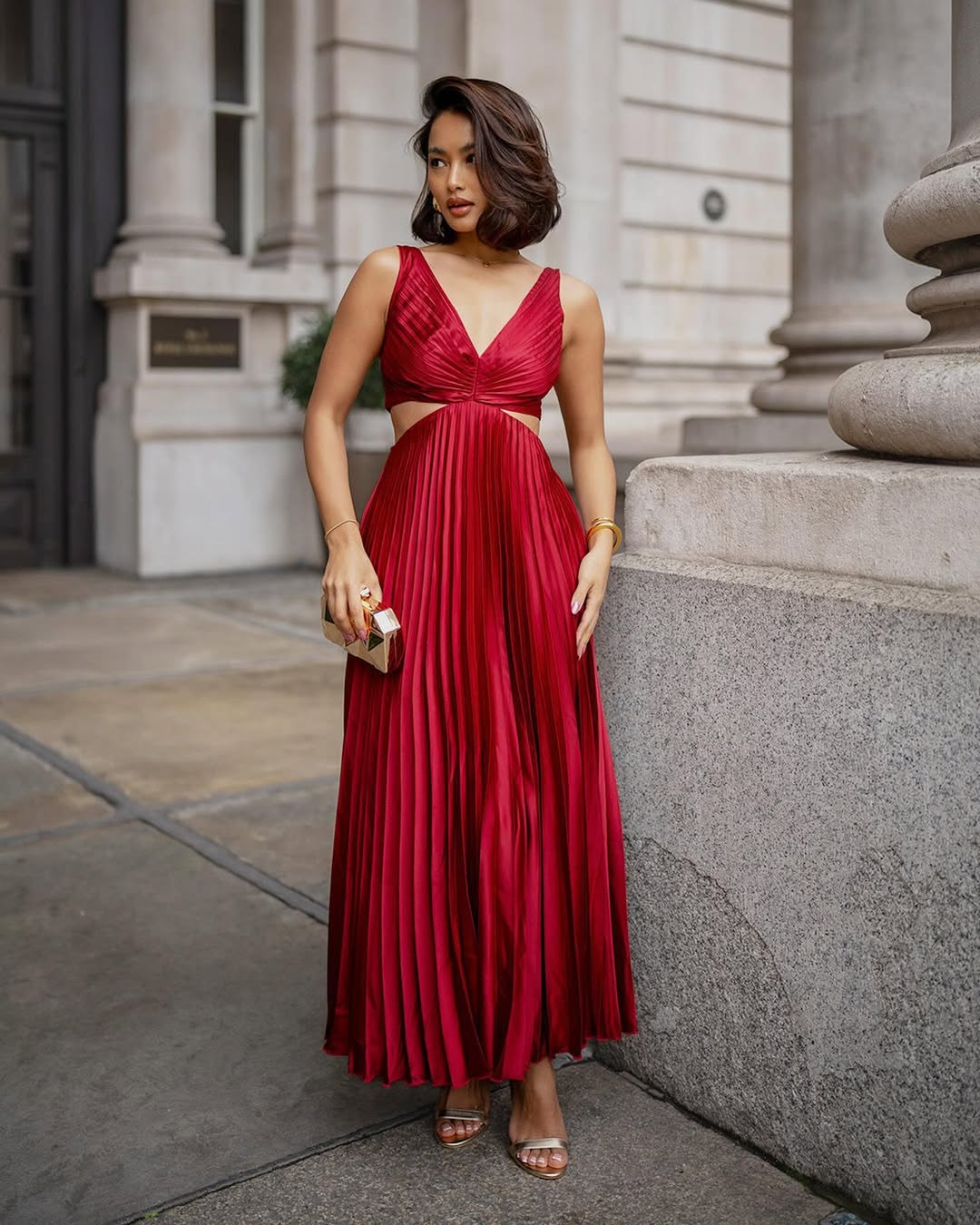 Audrine – Pleated Cutout Waist Midi Wedding Guest Dress