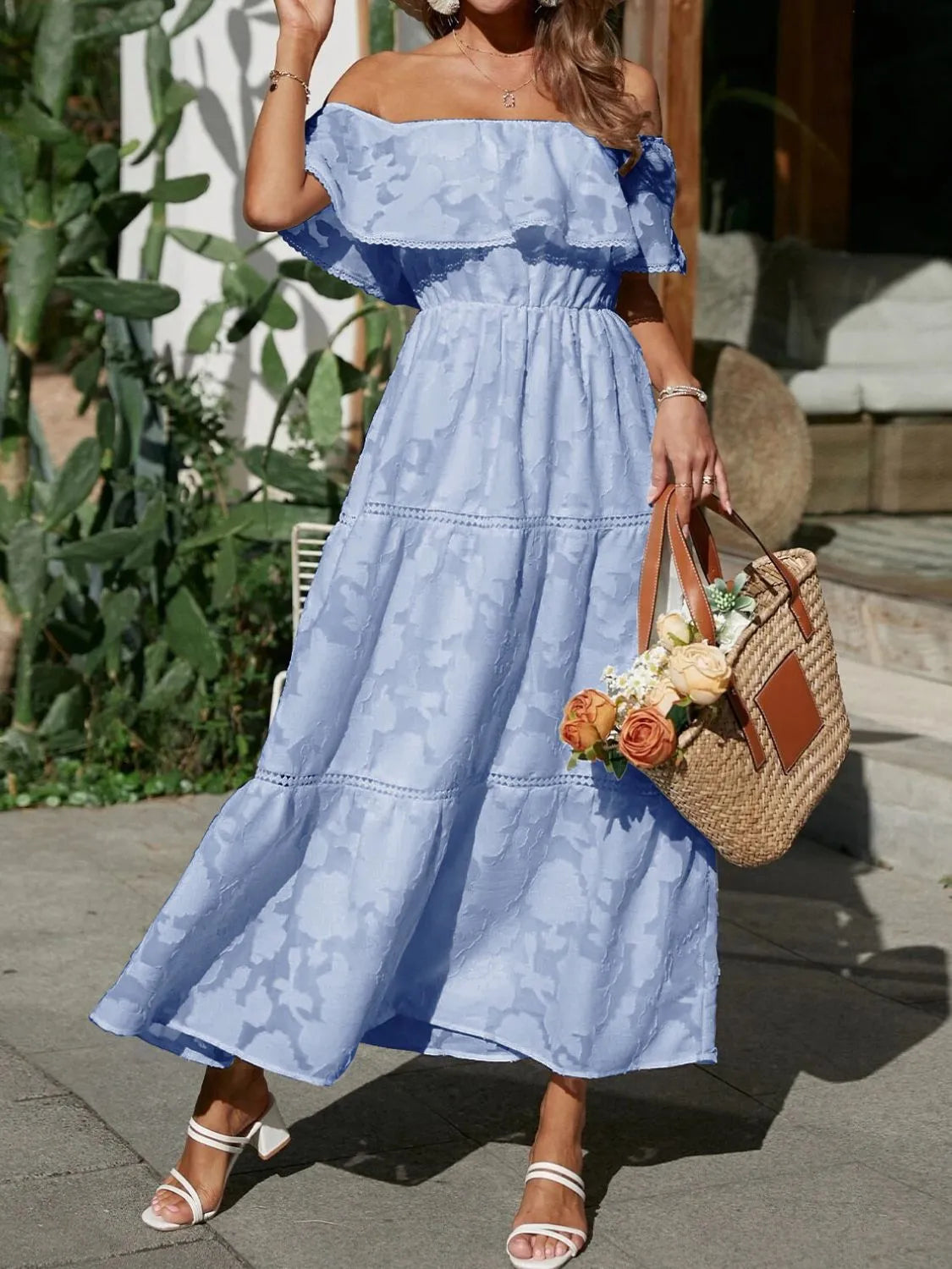Catherin – Maxikleid mit Stufenrock und Carmenausschnitt für Hochzeitsgäste