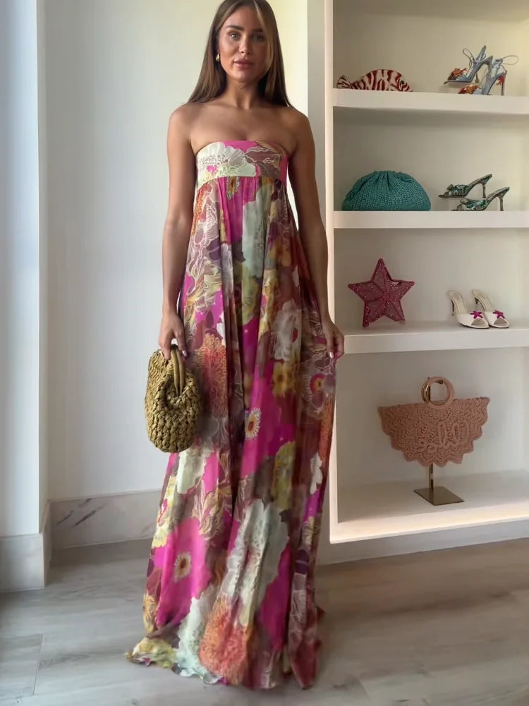 Ivy - Vestido Maxi Floral sem Alças para Convidada de Casamento
