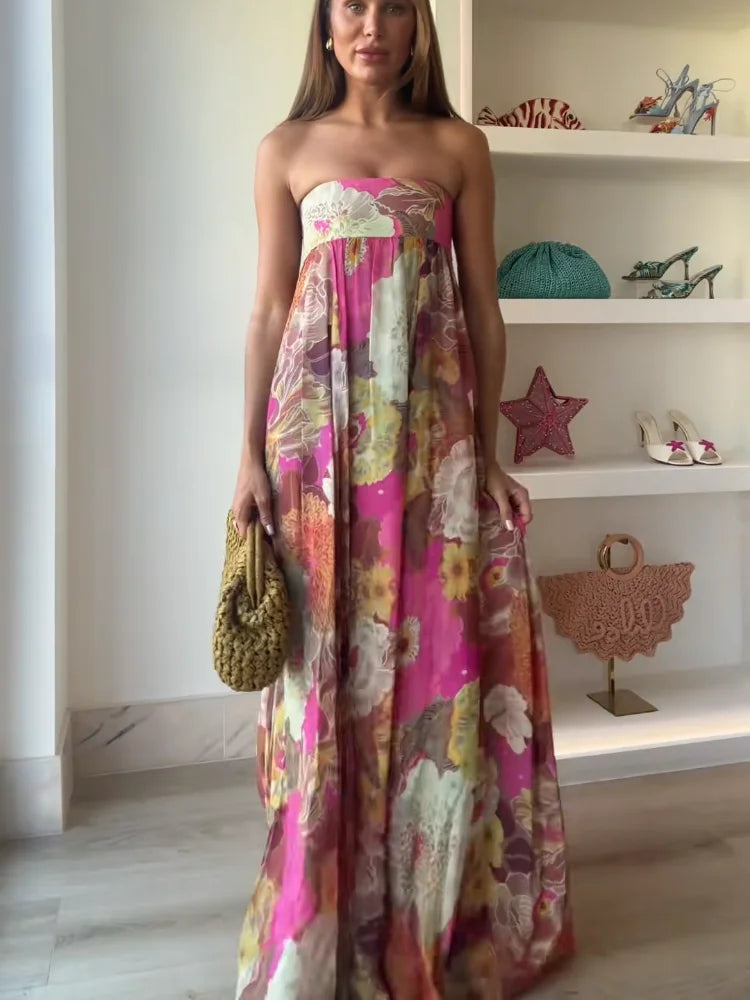 Ivy - Vestido Maxi Floral sem Alças para Convidada de Casamento