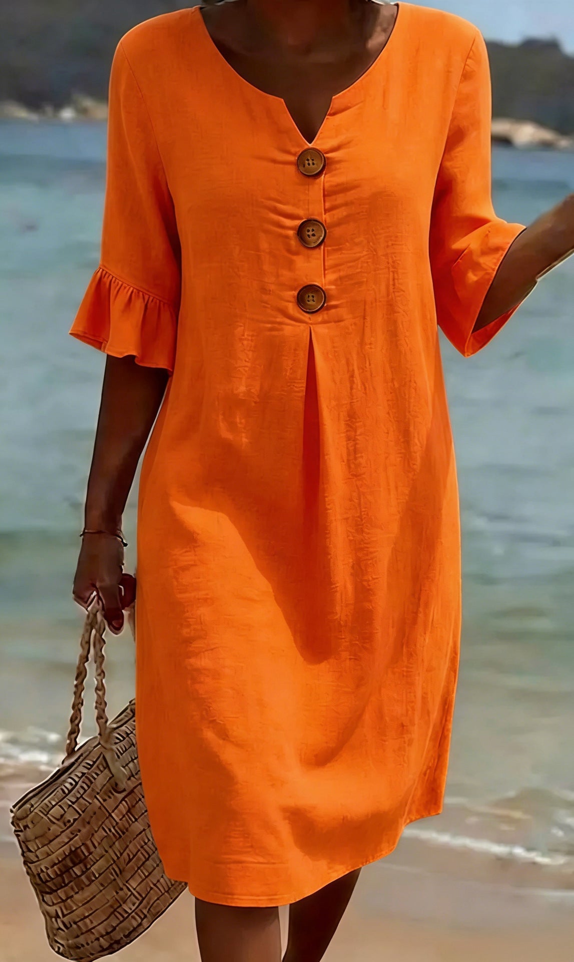Elisane – Damen Baumwoll-Leinen Sommerkleid mit Knöpfen