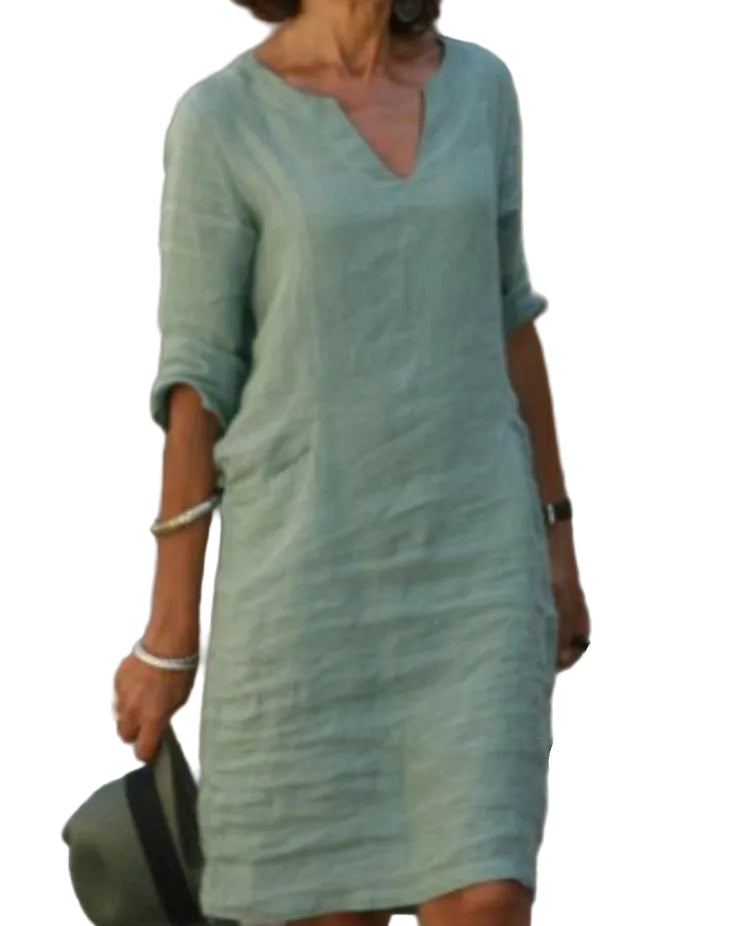 Aarnelle – Relaxed Linen V Neck Dress Women