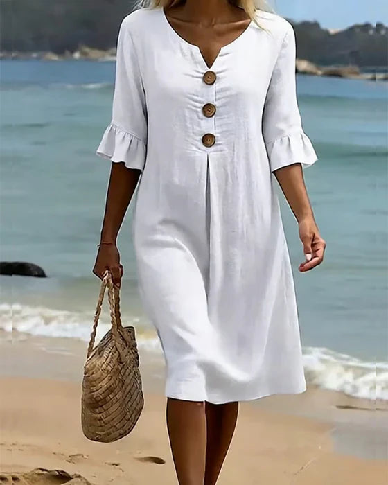 Elisane – Damen Baumwoll-Leinen Sommerkleid mit Knöpfen
