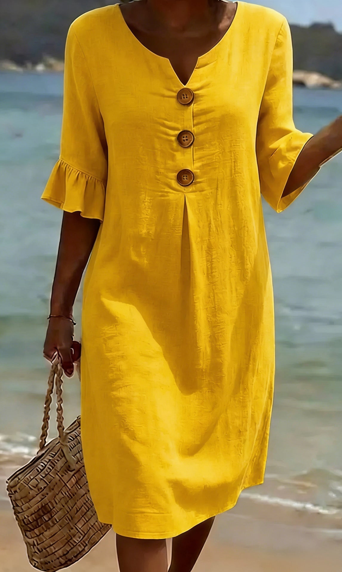 Elisane – Damen Baumwoll-Leinen Sommerkleid mit Knöpfen