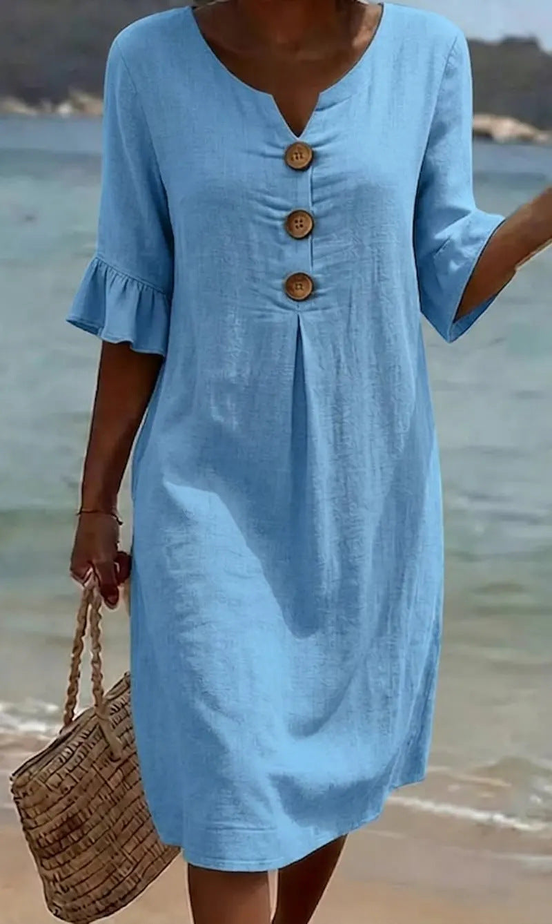 Elisane – Damen Baumwoll-Leinen Sommerkleid mit Knöpfen