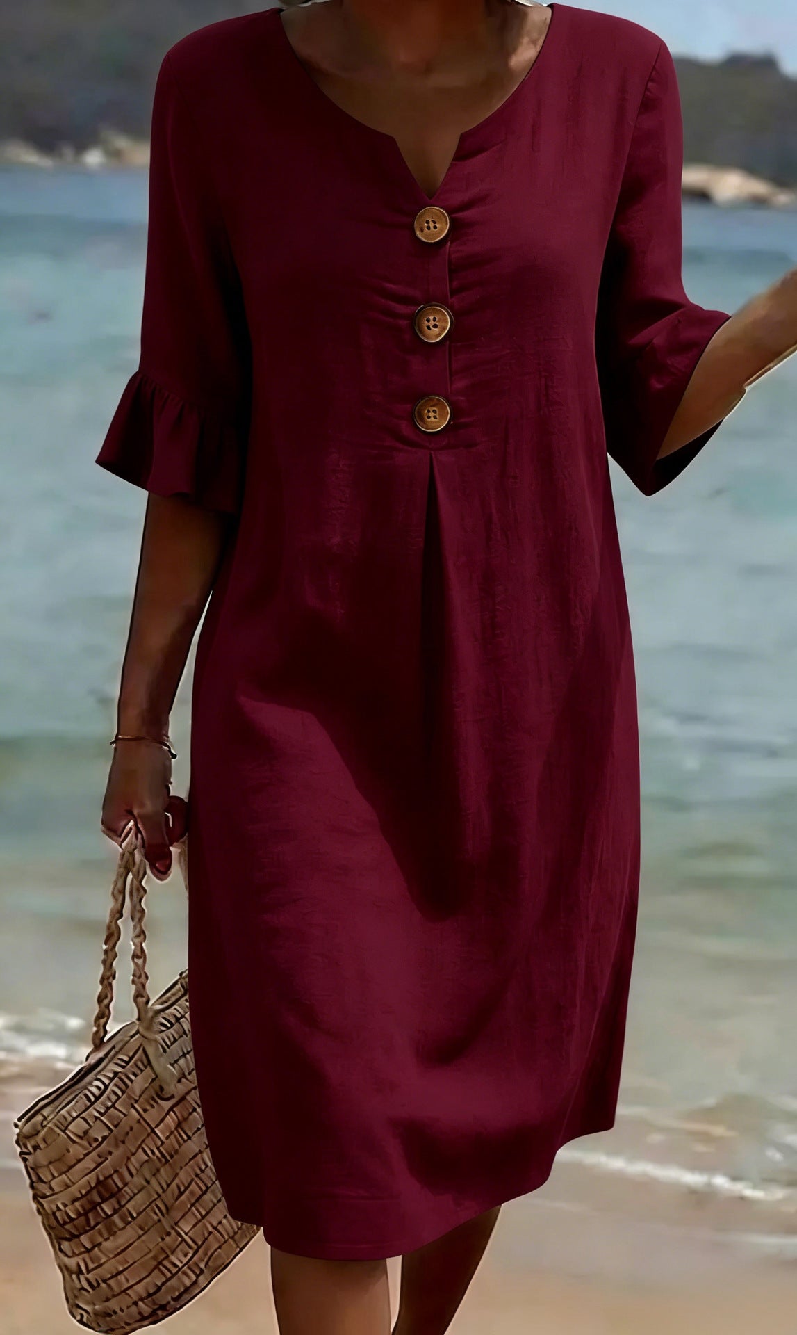 Elisane – Damen Baumwoll-Leinen Sommerkleid mit Knöpfen