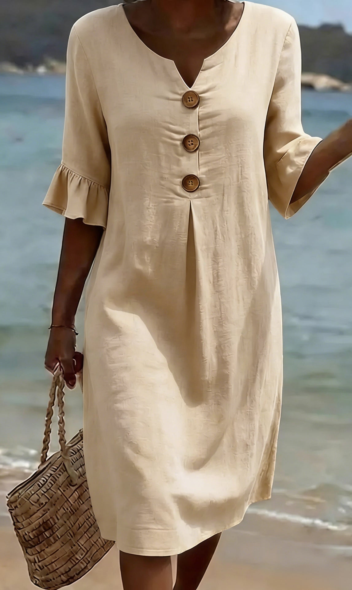 Elisane – Damen Baumwoll-Leinen Sommerkleid mit Knöpfen
