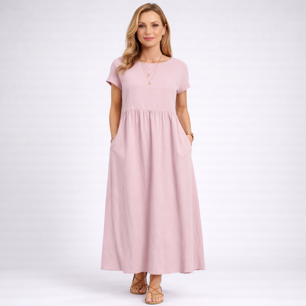 Elvina - Minimalist Cream Maxi Dress with Pockets