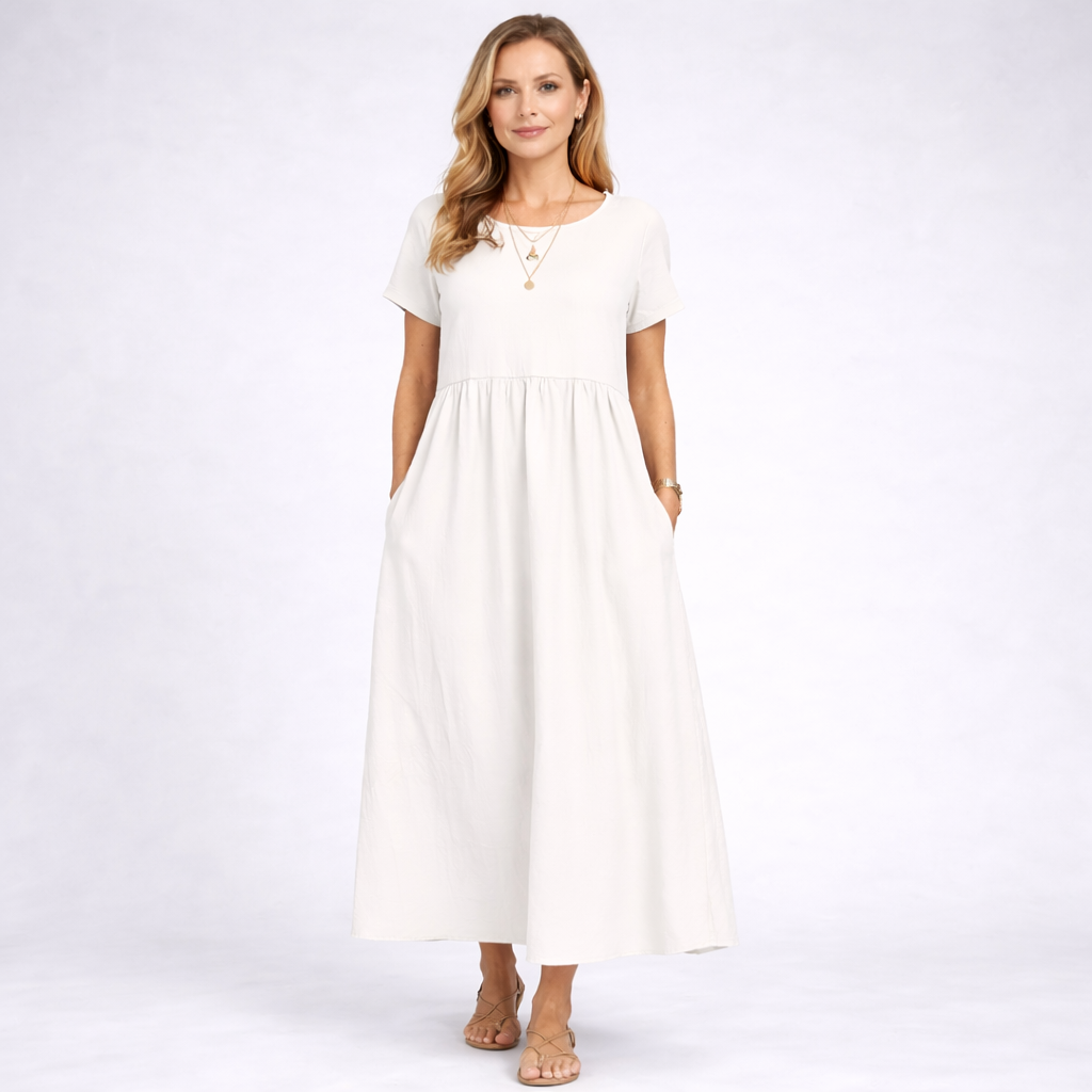 Elvina - Minimalist Cream Maxi Dress with Pockets