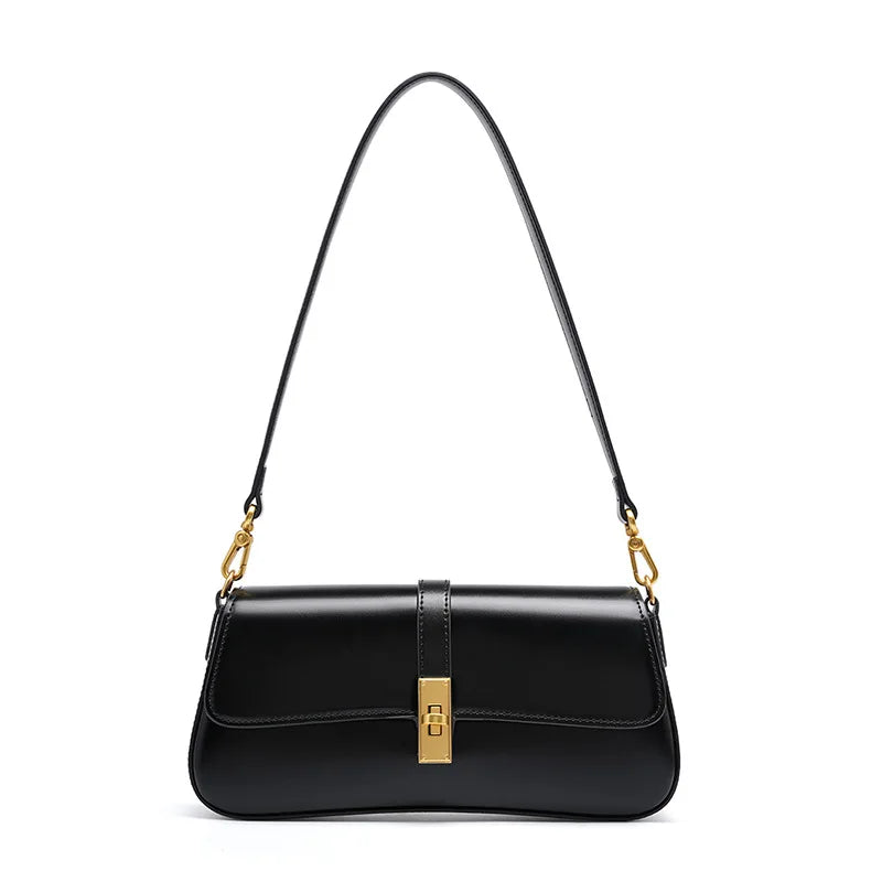Cendian - Leather Baguette Shoulder Bag Gold Turn Lock Clasp