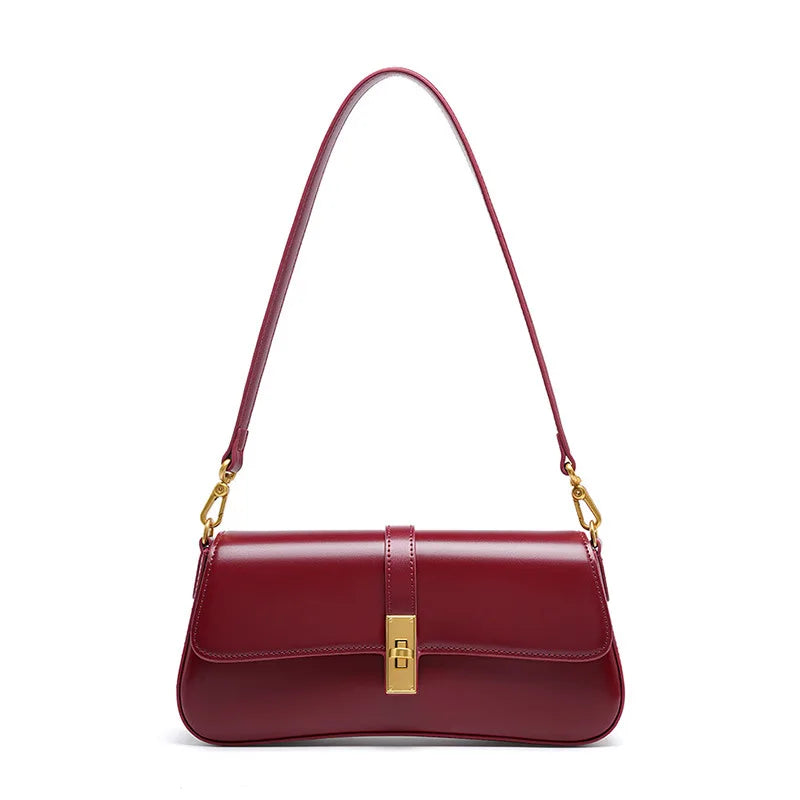 Cendian - Leather Baguette Shoulder Bag Gold Turn Lock Clasp