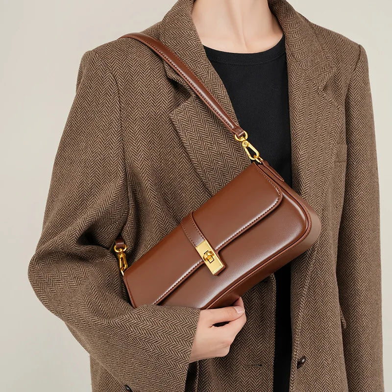 Cendian - Leather Baguette Shoulder Bag Gold Turn Lock Clasp