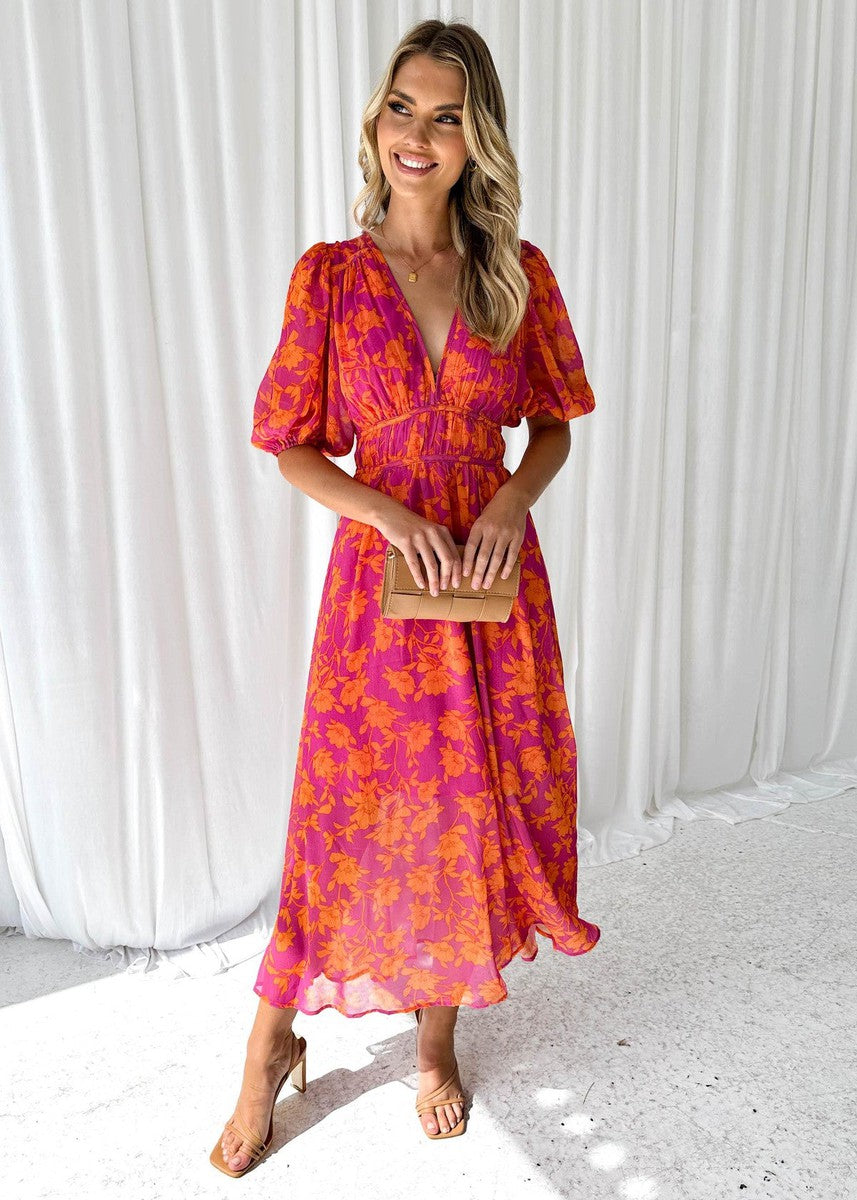 Asuvia – Floral Puff Sleeve Midi Dress
