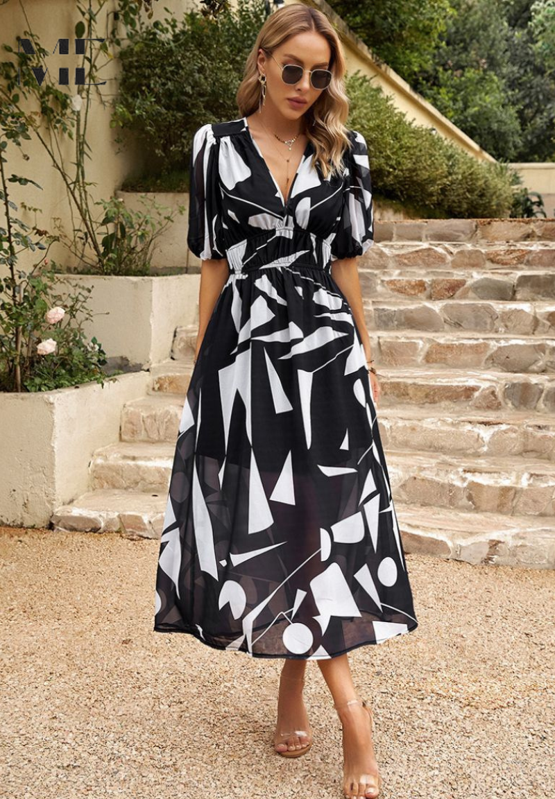 Ilyssia – Floral V Neck Midi Dress Women