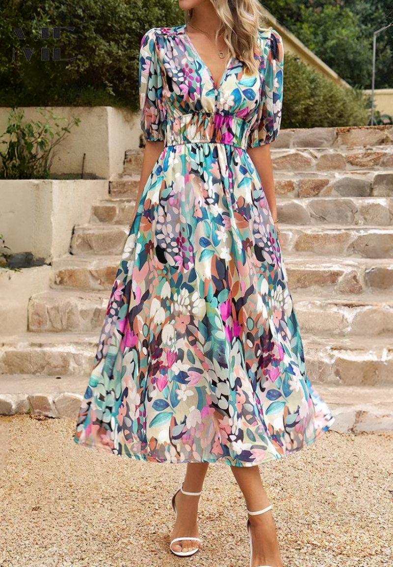 Ilyssia – Floral V Neck Midi Dress Women